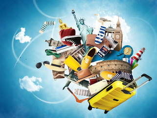Wall Mural - travel and tourism, world landmarks and suitcase