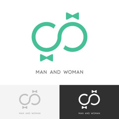 Man and woman logo - love couple and infinity symbol. Groom and bride, wedding and family vector icon.