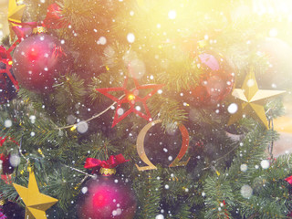 Wall Mural - Christmas toys, horseshoe on the Christmas tree as the background, with snow, Christmas card