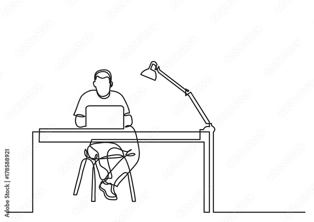 one line drawing of man working with laptop computer behind desk Stock ...