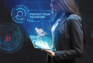 The concept of business, technology, the Internet and the network. A young entrepreneur working on a virtual screen of the future and sees the inscription: Protect your password