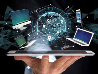 Poster - Computer and devices displayed on a futuristic interface with interantional network - Multimedia and technology concept