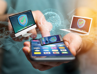 Poster - Security shield symbol over a network connection of different devices - Technology concept