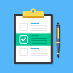 Poster - Clipboard and checkboxes with check mark. Pad, checklist, white tick, checkmark on document and pen. Claim, survey, form concepts. Top view. Modern flat design vector illustration