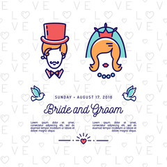  Vector bride and groom, Wedding invitation, Retro Save the Date card. Colorful flat line thin icon