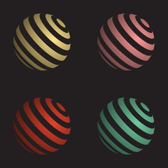 Poster - Retro colored striped globe circle logotype collection isolated on black. Set of 3d style round ball icons in vintage retro colors.