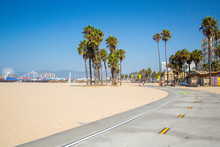 Beautiful Morning Sunrise Lights At The Venice Beach In Los Angeles. Bicycle Lane By The Beach.