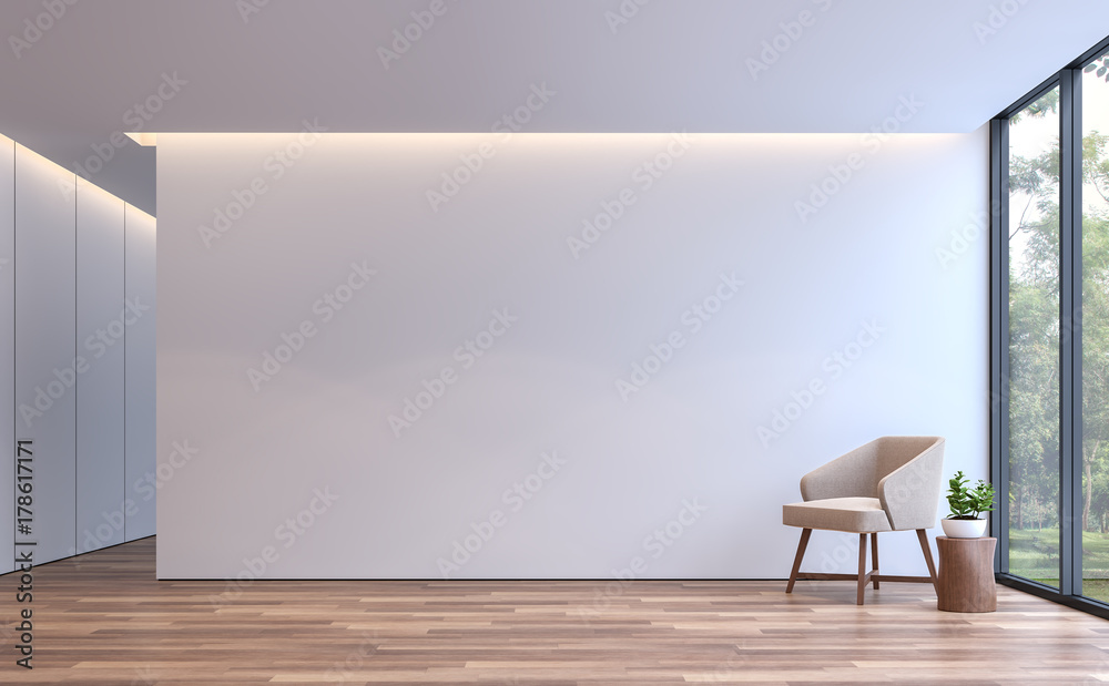 Modern white living minimal style 3d rendering image.The room has wooden floor,There are large window overlooking to the nature - obrazy, fototapety, plakaty 