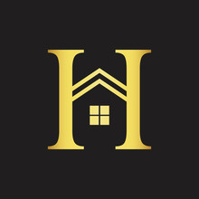 Gold Initial Letter H With House Sign Logo. Real Estate Logo Concept.