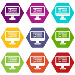 Poster - Profile information on monitor icon set color hexahedron