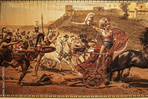 Fotografie, Obraz Fresco of the battle for Troy on the Greek island of Corfu in the Ionian Islands