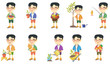 © Visual Generation - Little asian boy set. Boy holding flower in a pot, pet cat, carrot, fishing rod with fish, pushing wheelbarrow with sprout. Set of vector sketch cartoon illustrations isolated on white background.