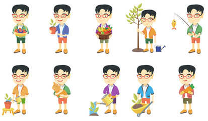 Poster - Little asian boy set. Boy holding flower in a pot, pet cat, carrot, fishing rod with fish, pushing wheelbarrow with sprout. Set of vector sketch cartoon illustrations isolated on white background.