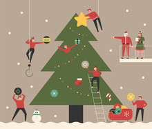 Elves And Santa Claus Decorating The Christmas Tree Concept Vector Flat Design Illustration