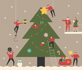 Elves and Santa Claus decorating the Christmas tree concept vector flat design illustration