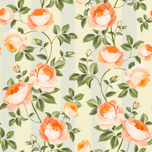 Luxurious Peony Wallapaper In Vintage Style. Seamless Pattern Of Blooming Roses For Floral Wallpaper. Vector Illustration.
