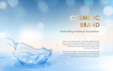 Advertising poster for moisturizing cosmetic product, light blue background with water splash and bokeh effect. Vector realistic design for packaging