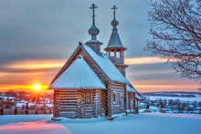 Small Russian Church At Sunset In Winter
