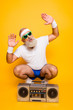 © deagreez - Yeah bro! What`s up? Cheerful excited aged funny sexy gangster cool grandpa dude in eyewear with bass clipping ghetto blaster recorder. Old school, swag, fooling, gym, technology, success, hip hop