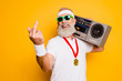 © deagreez - Fuck it! Crazy aged rude sporty funny sexy athlete grandpa in eyewear with recorder. Old school, swag, fooling around, gym, workout, technology, groove, stereo sound, funky leisure, chill, young