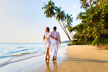 Romantic Couple Walking Together On Tropical Beach, Sunny Summer Honeymoon