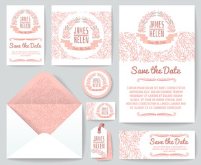 Sticker - Vintage wedding invitation greeting cards vector template with hand drawn rustic floral elements and flowers