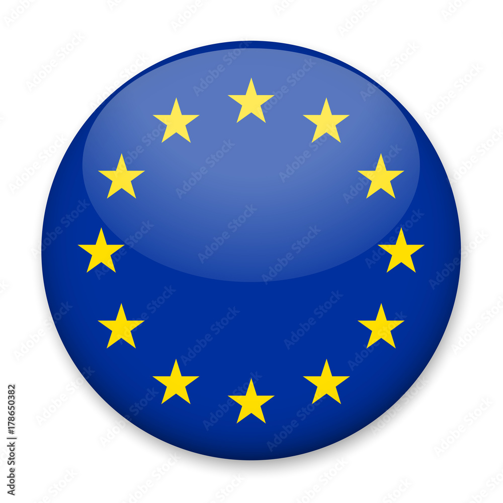 Flag of European Union in the form of a round button with a light glare ...