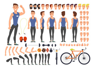 Sticker - Cartoon man athlete vector character constructor with set of body parts and sports equipment