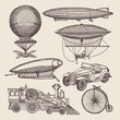 Illustrations of different retro transport. Balloons, zeppelin, machines and others. Hand drawn illustrations in steampunk