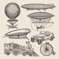 Canvas Print - Illustrations of different retro transport. Balloons, zeppelin, machines and others. Hand drawn illustrations in steampunk