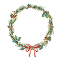 Wall Mural - watercolor christmas frame with fir branches and place for text.