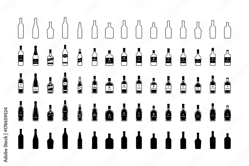 Set of black and white bottles of alcohol in different styles. Vector - obrazy, fototapety, plakaty 