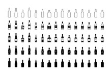 Set Of Black And White Bottles Of Alcohol In Different Styles. Vector