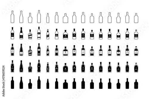 Fotografía Set of black and white bottles of alcohol in different styles