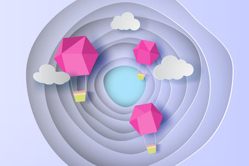 Wall Mural - paper art of pink balloon on cruve blue sky background,vector