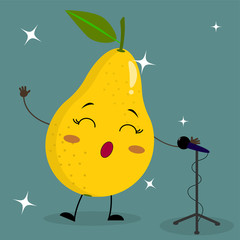 Сute yellow pear Smiley in a cartoon style sings into the microphone.