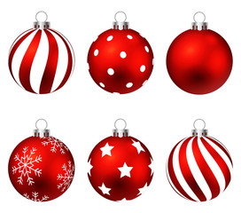 red christmas balls on gift bows isolated on white. set. vector illustration.