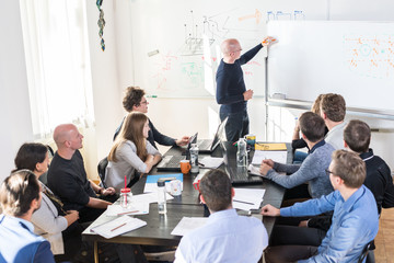 Wall Mural - Relaxed informal IT business startup company meeting. Team leader discussing and brainstorming new approaches and ideas with colleagues. Startup business and entrepreneurship concept.