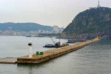 Poster - Port construction process with crane and the floating site.