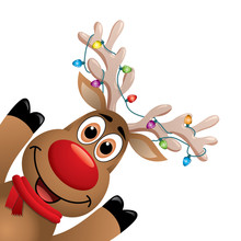 Vector Xmas Drawing Of Funny Red Nosed Reindeer