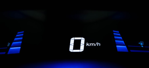 digital screen of telling speed, mile per hour, of the car in close up