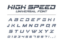 High Speed Universal Font. Fast Sport, Futuristic, Technology, Future Alphabet. Letters And Numbers For Military, Industrial, Electric Car Racing Logo Design. Modern Minimalistic Vector Typeface