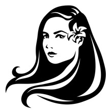 Vector Black And White Portrait Of A Beautiful Young Woman With Flower Behind The Year.