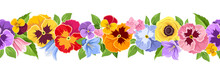 Vector Horizontal Seamless Background With Colorful Pansy, Bluebell And Lilac Flowers And Green Leaves.