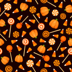 Wall Mural - Vector seamless pattern with orange Halloween candies on a black background. 