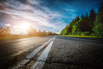 Wall Mural - Sunrise beautiful road in forest