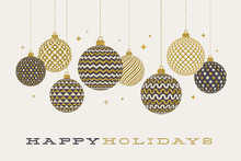 Christmas Greeting Card - Patterned Golden Baubles On A White  Background. Vector Illustration.