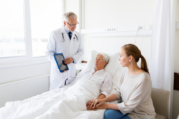 Poster - senior woman and doctor with tablet pc at hospital