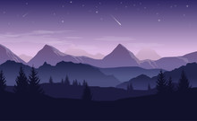 Blue And Purple Landscape With Silhouettes Of Mountains, Hills And Forest And Stars In The Sky - Vector Illustration