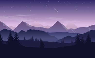 Wall Mural - blue and purple landscape with silhouettes of mountains, hills and forest and stars in the sky - vec